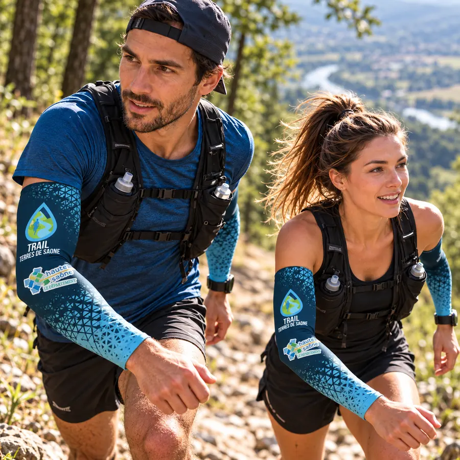 Deux traileurs portant les manchettes bleues du Trail des Terres de Saône